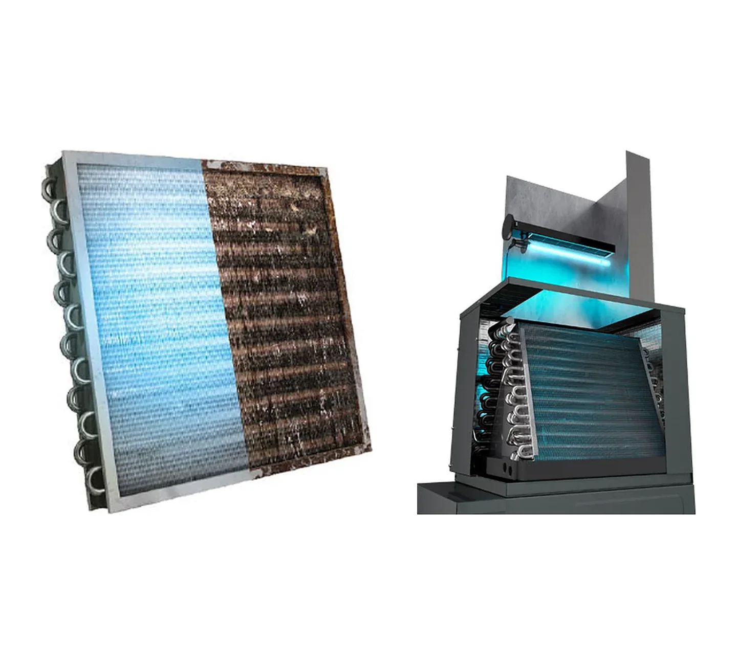 UV air purification light installed above an HVAC evaporator coil, with a clean vs dirty coil comparison